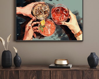 Può includere: Un dipinto che raffigura tre mani che alzano bicchieri di bevande di diversi colori. I bicchieri sono pieni di ghiaccio e le bevande sono rosse, arancioni e marroni. Lo sfondo è di colore azzurro chiaro.