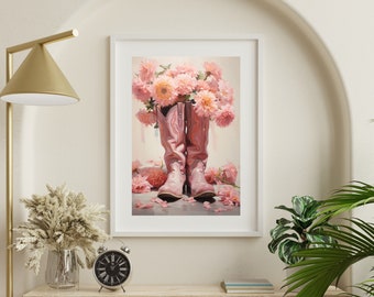 Pink Cowgirl boots and flowers print, vintage style hot pink Western nursery printable, dorm room wall art,  digital download