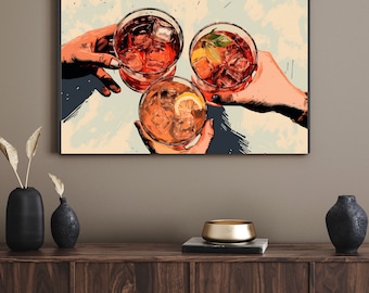Può includere: Una stampa artistica incorniciata raffigura tre mani che tengono bicchieri di cocktail. Le bevande sono piene di ghiaccio e guarnite con limone e menta. L'opera d'arte ha uno stile vintage, pop art con uno sfondo neutro.