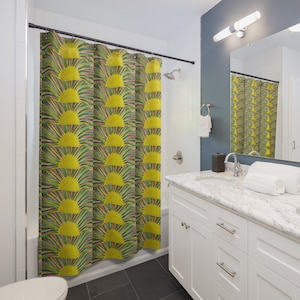 Sun Salutations Shower Curtain, bohemian shower curtain, sunrise shower curtain, folk art shower curtain, colorful shower curtain,