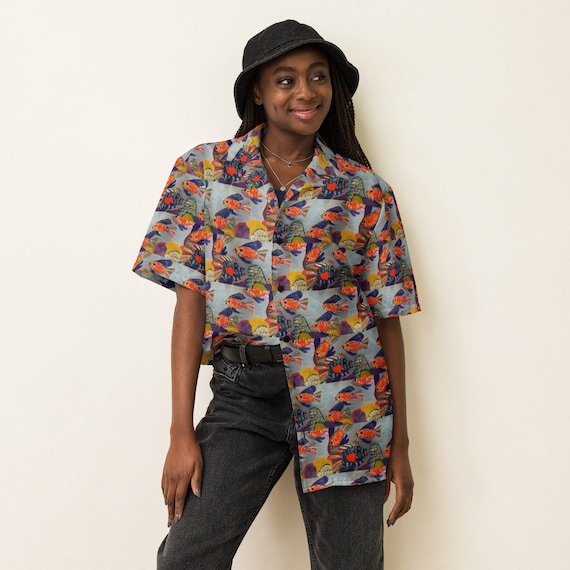 Joy Fish Original Print Unisex Button Shirt, Pattern Shirt, Womens Shirt, Button  up Shirt, Fish Shirt, Bohemian Shirt, Folk Art Shirt 