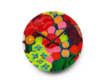 Horloge murale acrylique peinture originale de fleurs sauvages