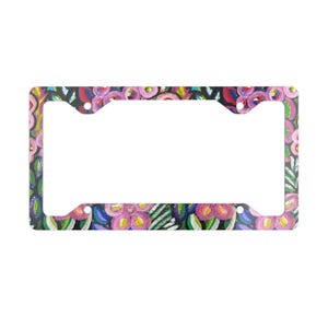 Metal License Plate Frame, Floral Folk Art Painting Car Tag Holder, Colorful Abstract Design, Decorative Vehicle License Plate Cover, Boho