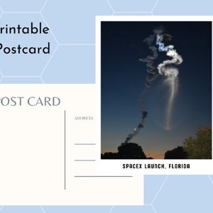 May include: A postcard featuring a photograph of a SpaceX rocket launch at night. The rocket leaves a trail of smoke and vapor in the sky. The text "SPACEX LAUNCH, FLORIDA" is printed at the bottom of the image.