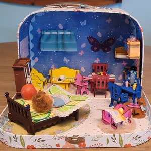 Vintage 1980s Dollhouse in Suitcase: Handmade Miniature Furniture & Dolls