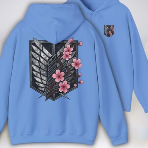 Anime Hoodie - Attack on Titan, Wings of Freedom with Sakura Blossom, Manga Anime Gift, Shingeki no Kyojin, Blue Hoodie, kawaii clothing, kawaii hoodie, gojo, gojo hoodie, anime decor, streetwear style, nerdy, jjk clothes, hoodie, anime, jujutsu kaisen gifts, jujustu kaisen, jujutsu kaisen geto