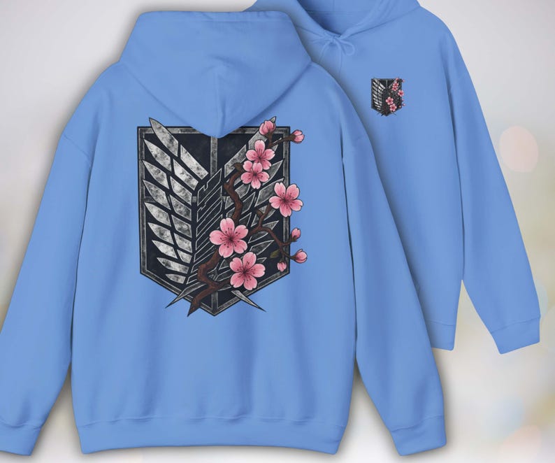 Anime Hoodie - Attack on Titan, Wings of Freedom with Sakura Blossom, Manga Anime Gift, Shingeki no Kyojin, Blue Hoodie, kawaii clothing, kawaii hoodie, gojo, gojo hoodie, anime decor, streetwear style, nerdy, jjk clothes, hoodie, anime, jujutsu kaisen gifts, jujustu kaisen, jujutsu kaisen geto