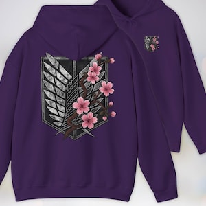 Anime Hoodie - Attack on Titan, Wings of Freedom with Sakura Blossom, Manga Anime Gift, Shingeki no Kyojin, Purple Hoodie, kawaii clothing, kawaii hoodie, gojo, gojo hoodie, anime decor, streetwear style, nerdy, jjk clothes, hoodie, anime, jujutsu kaisen gifts, jujustu kaisen, jujutsu kaisen geto