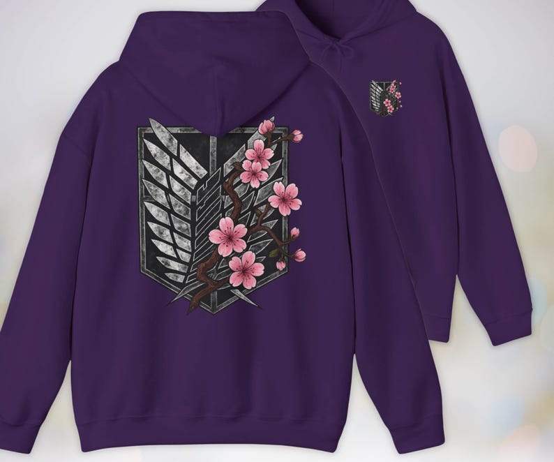 Anime Hoodie - Attack on Titan, Wings of Freedom with Sakura Blossom, Manga Anime Gift, Shingeki no Kyojin, Purple Hoodie, kawaii clothing, kawaii hoodie, gojo, gojo hoodie, anime decor, streetwear style, nerdy, jjk clothes, hoodie, anime, jujutsu kaisen gifts, jujustu kaisen, jujutsu kaisen geto