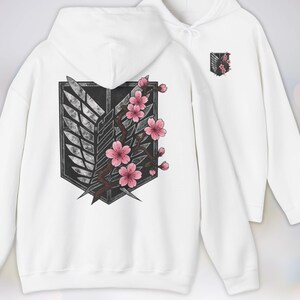 Anime Hoodie - Attack on Titan, Wings of Freedom with Sakura Blossom, Manga Anime Gift, Shingeki no Kyojin, White Hoodie, kawaii clothing, kawaii hoodie, gojo, gojo hoodie, anime decor, streetwear style, nerdy, jjk clothes, hoodie, anime, jujutsu kaisen gifts, jujustu kaisen, jujutsu kaisen geto