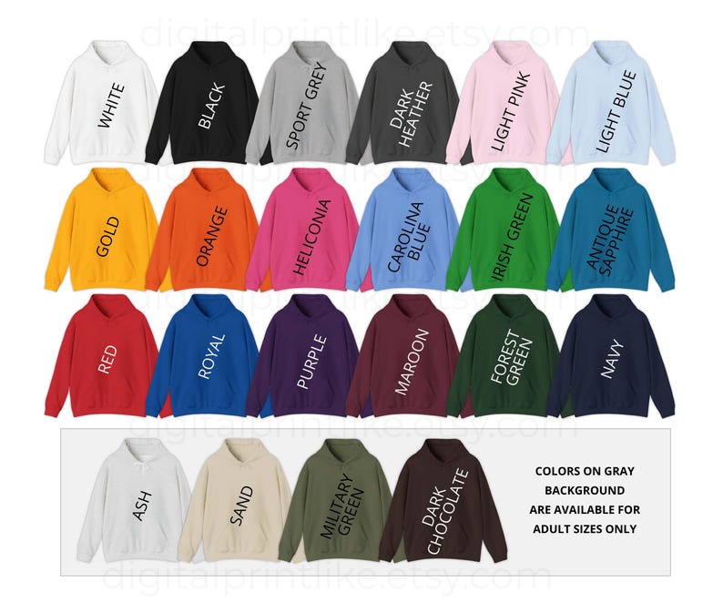 May include: A collection of hooded sweatshirts in various colors, including white, black, red, and blue. Each sweatshirt has a front pocket and a hood with drawstrings. The text on the image indicates the colors available.