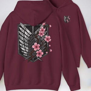 Anime Hoodie - Attack on Titan, Wings of Freedom with Sakura Blossom, Manga Anime Gift, Shingeki no Kyojin, Bordo Hoodie, kawaii clothing, kawaii hoodie, gojo, gojo hoodie, anime decor, streetwear style, nerdy, jjk clothes, hoodie, anime, jujutsu kaisen gifts, jujustu kaisen, jujutsu kaisen geto