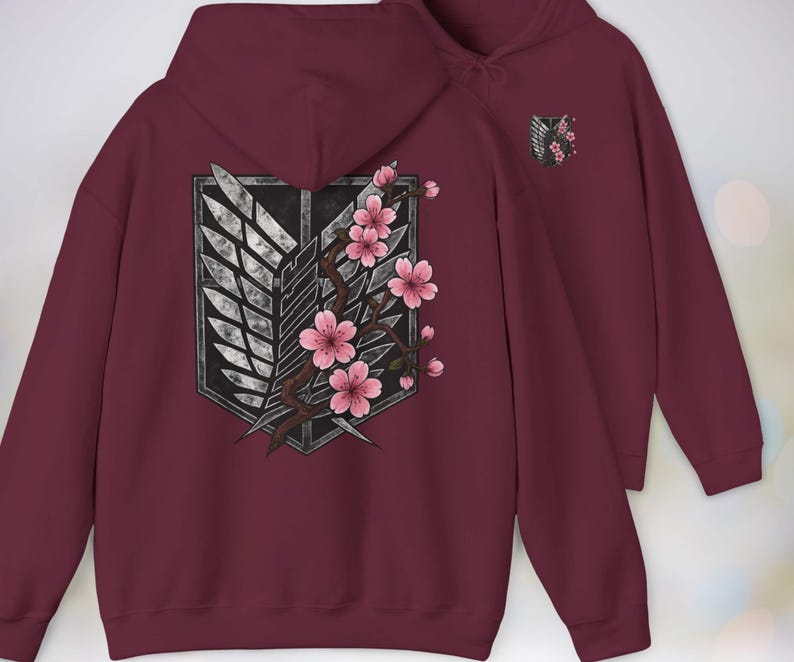 Anime Hoodie - Attack on Titan, Wings of Freedom with Sakura Blossom, Manga Anime Gift, Shingeki no Kyojin, Bordo Hoodie, kawaii clothing, kawaii hoodie, gojo, gojo hoodie, anime decor, streetwear style, nerdy, jjk clothes, hoodie, anime, jujutsu kaisen gifts, jujustu kaisen, jujutsu kaisen geto