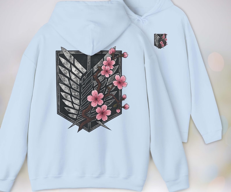 Anime Hoodie - Attack on Titan, Wings of Freedom with Sakura Blossom, Manga Anime Gift, Shingeki no Kyojin, Light Blue Hoodie, kawaii clothing, kawaii hoodie, gojo, gojo hoodie, anime decor, streetwear style, nerdy, jjk clothes, hoodie, anime, jujutsu kaisen gifts, jujustu kaisen, jujutsu kaisen geto