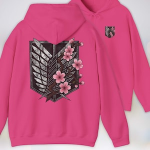 Anime Hoodie - Attack on Titan, Wings of Freedom with Sakura Blossom, Manga Anime Gift, Shingeki no Kyojin, Pink Hoodie, kawaii clothing, kawaii hoodie, gojo, gojo hoodie, anime decor, streetwear style, nerdy, jjk clothes, hoodie, anime, jujutsu kaisen gifts, jujustu kaisen, jujutsu kaisen geto