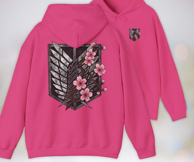 Anime Hoodie - Attack on Titan, Wings of Freedom with Sakura Blossom, Manga Anime Gift, Shingeki no Kyojin, Pink Hoodie, kawaii clothing, kawaii hoodie, gojo, gojo hoodie, anime decor, streetwear style, nerdy, jjk clothes, hoodie, anime, jujutsu kaisen gifts, jujustu kaisen, jujutsu kaisen geto
