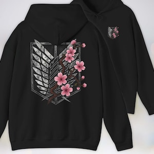 Anime Hoodie - Attack on Titan, Wings of Freedom with Sakura Blossom, Manga Anime Gift, Shingeki no Kyojin, Black Hoodie, kawaii clothing, kawaii hoodie, gojo, gojo hoodie, anime decor, streetwear style, nerdy, jjk clothes, hoodie, anime, jujutsu kaisen gifts, jujustu kaisen, jujutsu kaisen geto