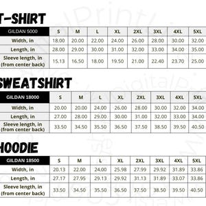 May include: Detailed size chart for T-shirts, sweatshirts, and hoodies. Measurements are provided in inches for width, length, and sleeve length from the center back. Includes sizes from S to 5XL for Gildan 5000, 18000, and 18500.