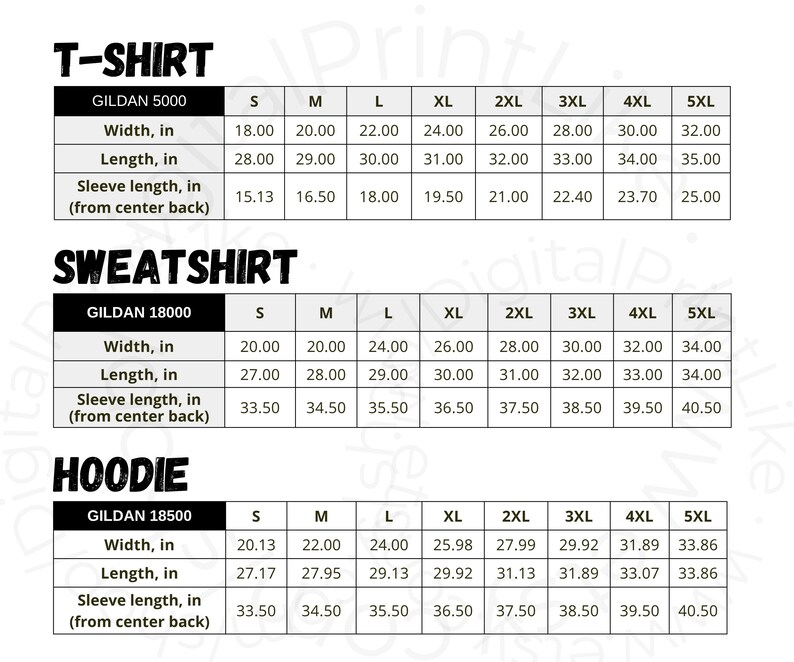 May include: Detailed size chart for T-shirts, sweatshirts, and hoodies. Measurements are provided in inches for width, length, and sleeve length from the center back. Includes sizes from S to 5XL for Gildan 5000, 18000, and 18500.