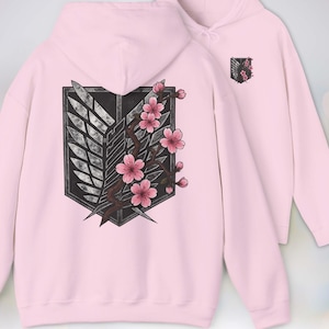 Anime Hoodie - Attack on Titan, Wings of Freedom with Sakura Blossom, Manga Anime Gift, Shingeki no Kyojin, Light Pink Hoodie, kawaii clothing, kawaii hoodie, gojo, gojo hoodie, anime decor, streetwear style, nerdy, jjk clothes, hoodie, anime, jujutsu kaisen gifts, jujustu kaisen, jujutsu kaisen geto