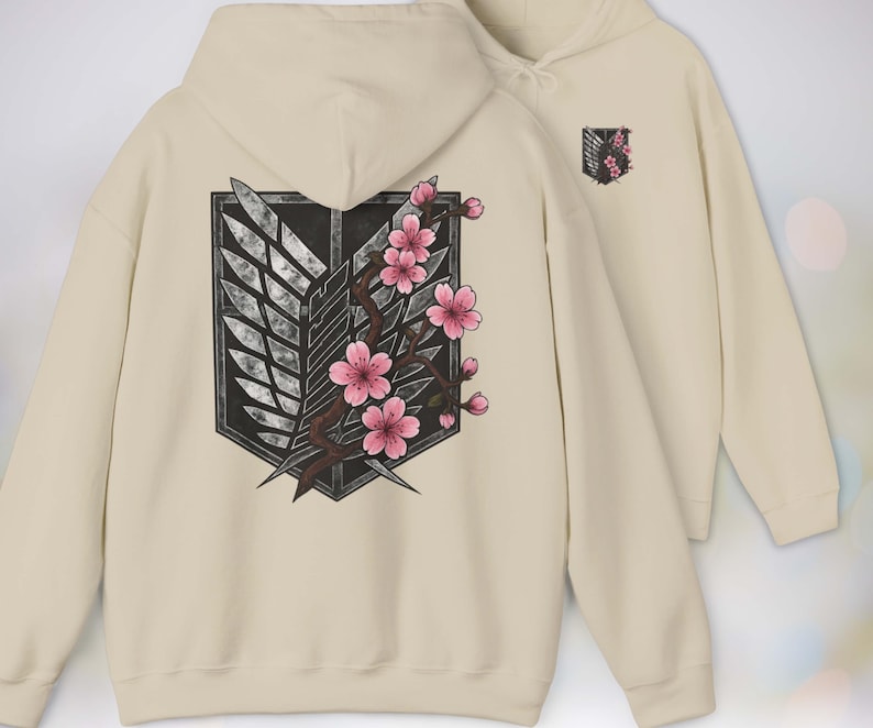Anime Hoodie - Attack on Titan, Wings of Freedom with Sakura Blossom, Manga Anime Gift, Shingeki no Kyojin, Beige Hoodie, kawaii clothing, kawaii hoodie, gojo, gojo hoodie, anime decor, streetwear style, nerdy, jjk clothes, hoodie, anime, jujutsu kaisen gifts, jujustu kaisen, jujutsu kaisen geto