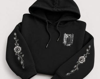 Attack on Titan Anime Hoodie, Wings of Freedom Sweatshirt with Roses, Japanese Streetwear Gift