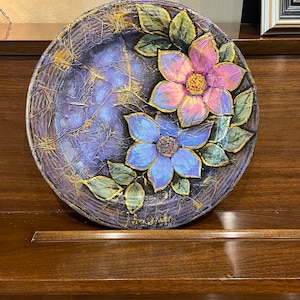 Purple Floral Handmade Decoupage Style Decorative Plate - PRICE INCLUDES SHIPPING