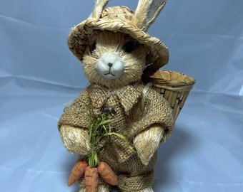 Vintage handmade bunny holding basket and carrots -straw wicker