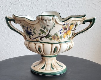 CAPODIMONTE  Italy  Ceramic Flowerpot  on a Pedestal with Handles.  Ivory and Green   Faces Flowers