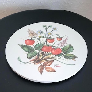 Vintage Trivets  Round Hot Stand with Four Legs   Decorative Plates  Juicy Strawberries. RICOLOR  w.Germany 1970  Retro style