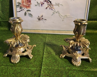 Pair of Vintage Brass Candlesticks with a Beautiful Floral Pattern