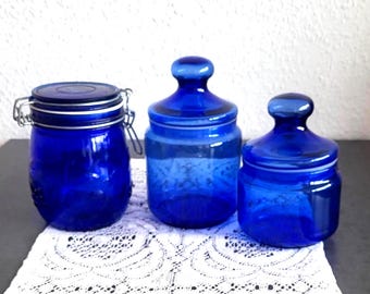 LUMINARC Lot of three Vintage Cobalt Glass Jars with Lids .  Old Vintage but Fashionable Design.