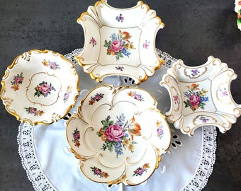 Ilmenau  Lot of Four Items Porcelain Salad  Bowls     Serving Bowls       Pink Roses   Summer Table Setting      Germany