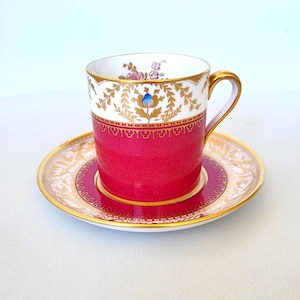 SPODE  Porcelain  Coffee Pair "Regent"  Demitasse Cup & Saucer- Ruby  Red  and Gold -  Floral  -England -  Gift for a Connoisseur