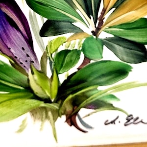 May include: A painting featuring a vibrant purple flower with dark spots, accompanied by lush green leaves and yellow-tipped foliage. The artwork displays a signature in the bottom right corner, rendered in a painterly style on a white background.