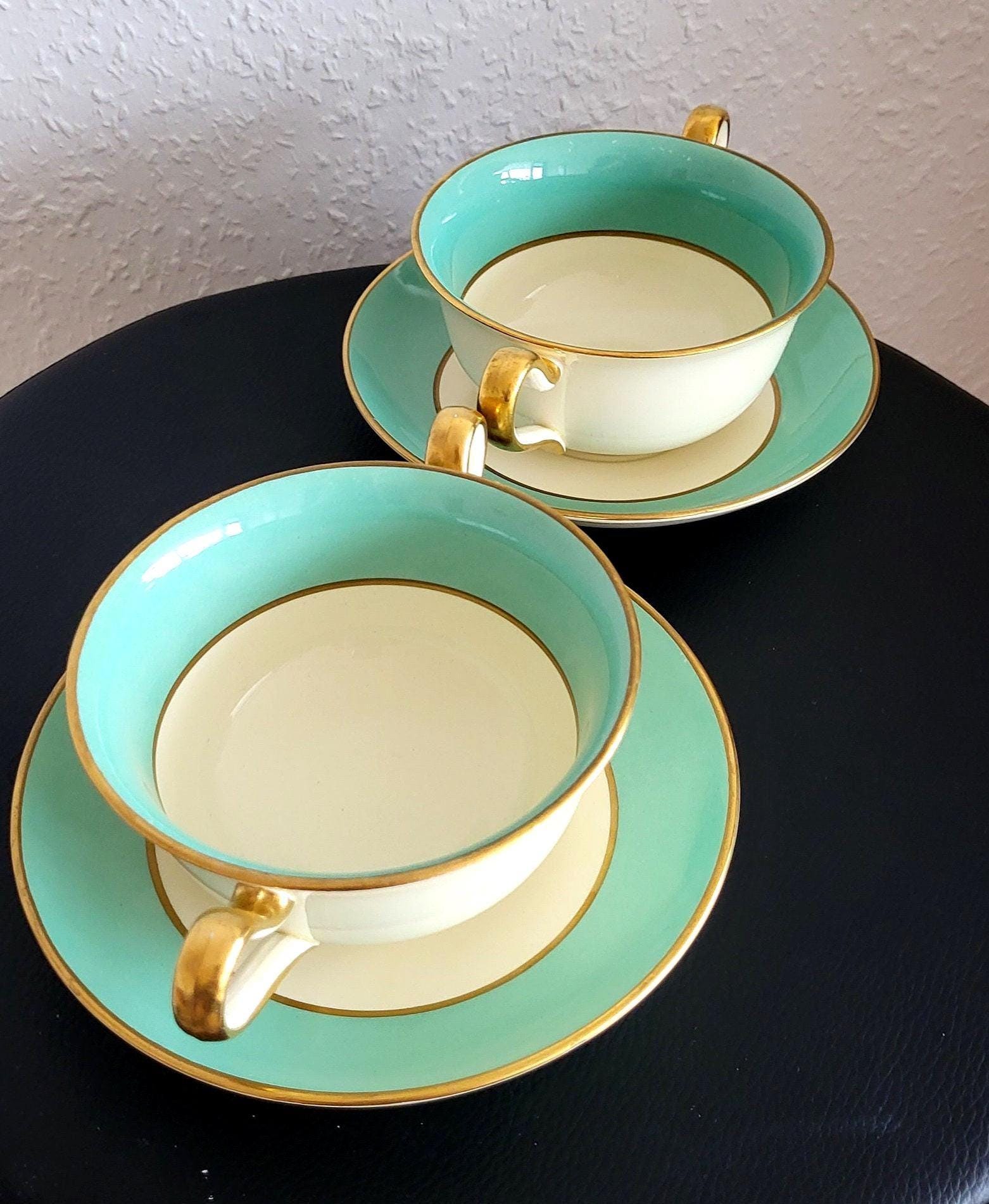 SPODE Capelane  Imperial England "Royal Jasmine"   Pair of English Ceramics  Bouillon Cups and Sausers in a Beautiful Mint Color. 1939