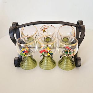 Vintage  Set of 6  Small Roemers Green Stem with Bavarian  Funny Stories  on a Metal Stand  Wine or Schnapps  made in Germany  Great gift