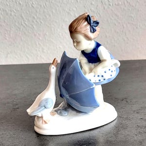 May include: A porcelain figurine of a girl holding a blue umbrella with a goose standing beside her. The girl is wearing a blue and white polka dot dress with a blue bow in her hair.