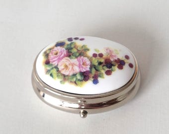 Oval Portable Pocket  Ladies Ashtray with Porcelain Lid . Silver Tone & Floral Accent. Collector&#39;s Gift. Stylish Gift