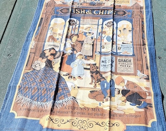 Vintage Tea Towel Victorian Scene Fish and Chips Shop    Retro kitchen    Gift for mom      100%  cotton   made in Britain 1970