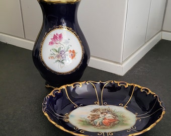 イタリア製陶器の花瓶 フィレンツェ風フルッティーナ柄 室内装飾 青色