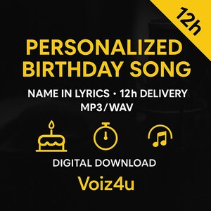 May include: A black and yellow graphic promoting a "PERSONALIZED BIRTHDAY SONG". Text includes "NAME IN LYRICS • 12h DELIVERY MP3/WAV". Features icons of a cake, clock, and musical note. The words "DIGITAL DOWNLOAD" and "Voiz4u" are also present.