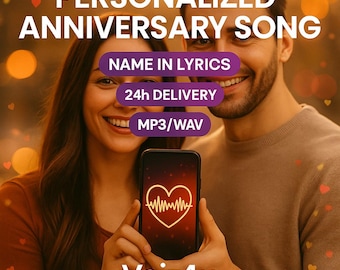 May include: Image promoting a personalized anniversary song. The text includes "PERSONALIZED ANNIVERSARY SONG", "NAME IN LYRICS", "24h DELIVERY", and "MP3/WAV". A phone displays a heart graphic with a sound wave. The logo "Voiz4u" is at the bottom.