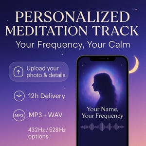 Könnte beinhalten: Werbung für einen personalisierten Meditationstrack. Das Bild zeigt ein Smartphone, das eine Silhouette einer Person mit dem Text "Your Name, Your Frequency" anzeigt. Zusätzlicher Text enthält "Upload your photo & details", "12h Delivery" und "MP3 + WAV".