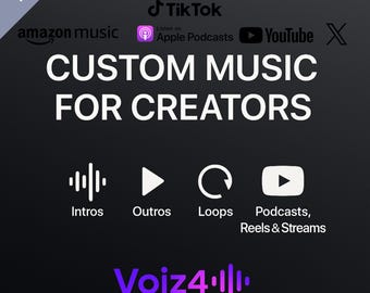Op de afbeelding: Een grafische afbeelding met de tekst "CUSTOM MUSIC FOR CREATORS" op een donkere achtergrond. Pictogrammen voor Intros, Outros, Loops en Podcasts, Reels & Streams zijn opgenomen. Logo's van Amazon Music, TikTok, Apple Podcasts en YouTube zijn ook aanwezig.
