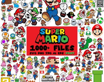 Super Mario SVG Bundle pour Cricut et sublimation, fichiers coupés Mario, Clipart Mario, police Super Mario, Mario PNG