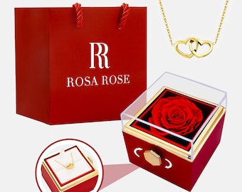 Eternal Rose Box with Personalized Heart Necklace • Real Preserved Rose • Custom Engraved Name Necklace • Anniversary Gift