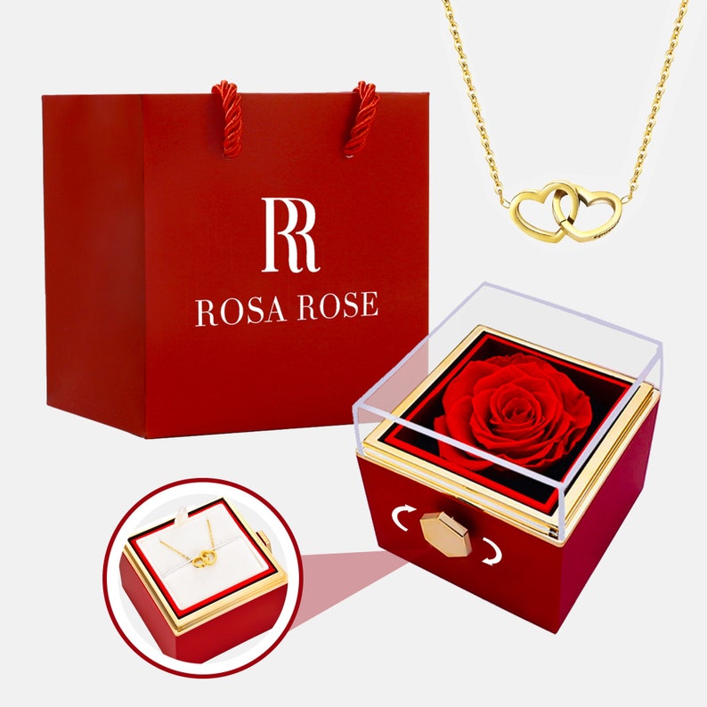 Caja de rosa eterna con collar de corazón personalizado Rosa real preservada Collar con nombre grabado personalizado Regalo de aniversario imagen 1