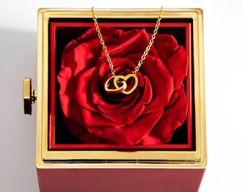 Collier coeur personnalisé avec rose véritable préservée • Boîte de roses éternelles • Collier prénom gravé personnalisé inclus • Meilleur cadeau pour elle
