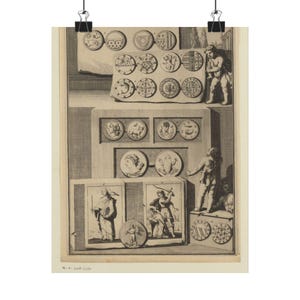 May include: A black and white print of various ancient coins and illustrations. The print features detailed depictions of circular coins with intricate designs, along with illustrations of figures and scenes. The overall aesthetic is reminiscent of historical engravings.